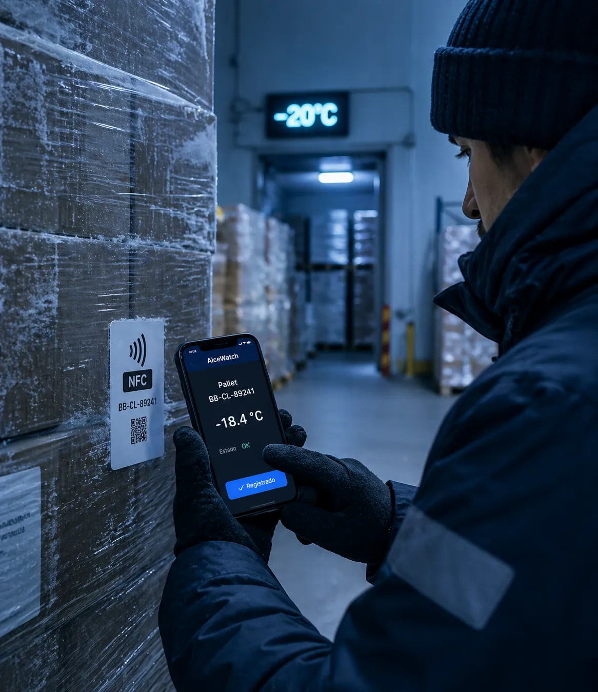 A gloved operator taps an NFC tag on a pallet inside a −20 °C cold room; the phone reads −18.4 °C.