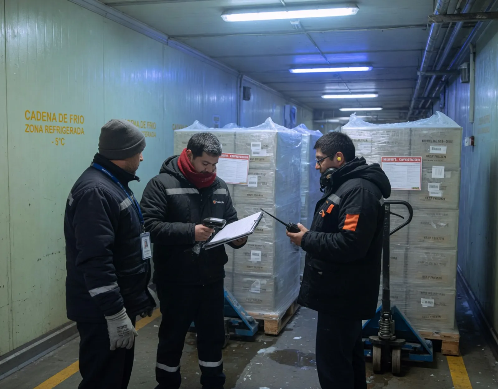 Three logistics professionals in a cold-room corridor beside plastic-wrapped pallets.